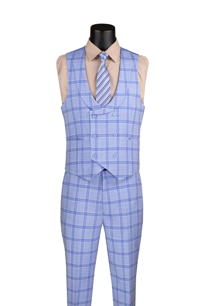 The Vinci Modern Fit Windowpane Suit 3 Piece with U-Neck Vest in Light Blue by Vinci Suits elegantly graces the mannequin, showcasing a sophisticated windowpane pattern. Complemented by a beige shirt and striped tie, this ensemble provides a luxurious wool feel.