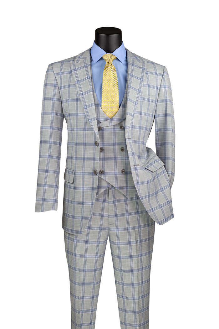 A mannequin showcases the Vinci Modern Fit Windowpane Suit 3 Piece with U-Neck Vest in Light Gray MV2W-5 by Vinci Suits, paired with a blue shirt and a yellow patterned tie.