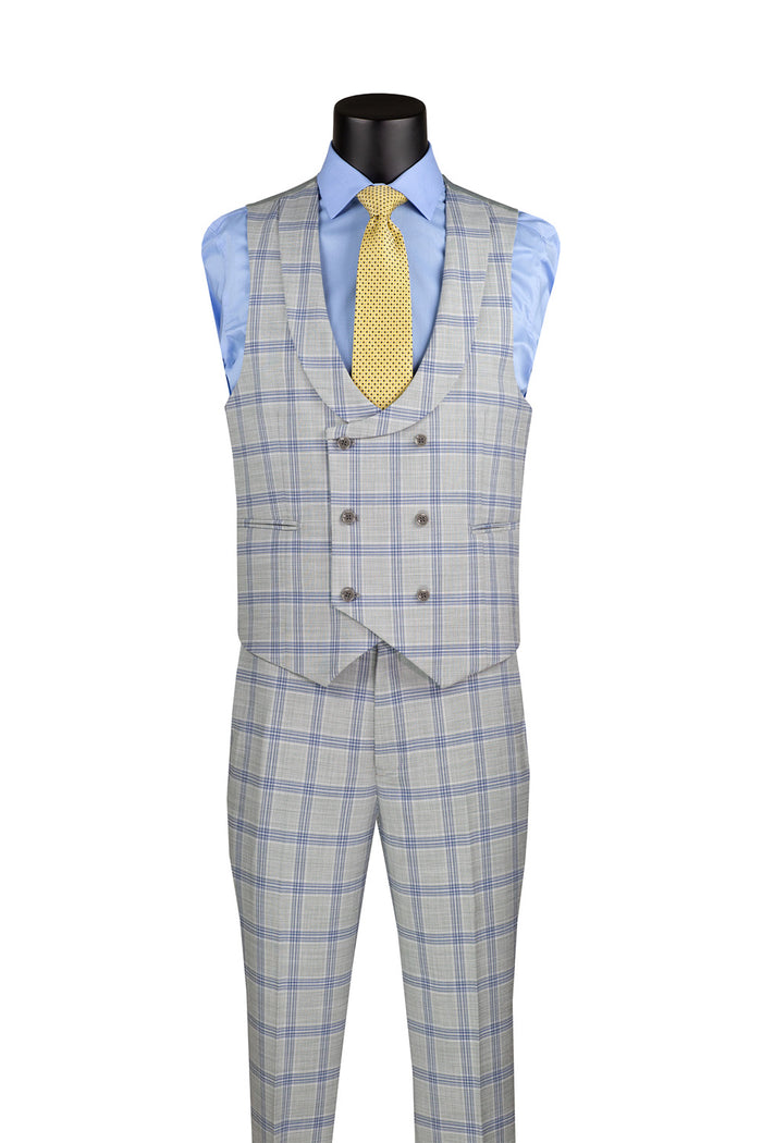 A mannequin showcases the Vinci Modern Fit Windowpane Suit 3 Piece with U-Neck Vest in Light Gray MV2W-5 by Vinci Suits, paired with a blue shirt and a yellow patterned tie.