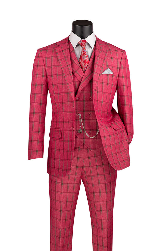 A Vinci Suits mannequin is elegantly dressed in the modern fit Vinci Modern Fit Windowpane Suit 3 Piece Raspberry MV2W-4, featuring a matching vest, white shirt, patterned tie, and pocket square that give it a luxurious wool feel.