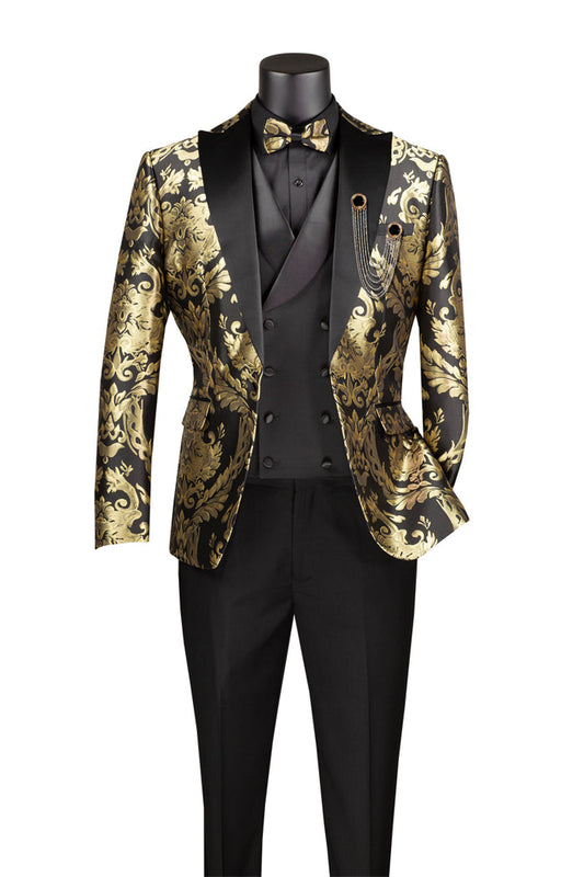 A mannequin dressed in a Vinci Suits 3-piece ensemble, featuring the Vinci Modern Fit Suit in black MVJQ-1 crafted from black and gold jacquard fabric, complete with a matching bow tie and wrinkle-resistant black pants.