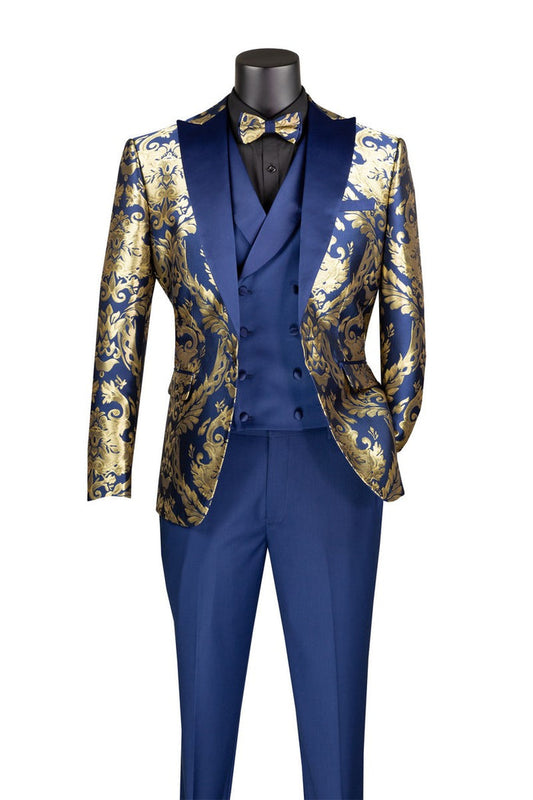 The Vinci Modern Fit 3 Piece Suit with Matching Bow Tie Navy MVJQ-1 by Vinci Suits is a wrinkle-resistant ensemble, which includes a navy blazer adorned with gold floral patterns, a coordinating waistcoat, navy pants, and a gold and blue bow tie.