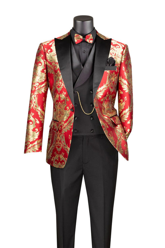 The Vinci Suits "Vinci Modern Fit 3 Piece Suit with Matching Bow Tie Red MVJQ-1" features a red and gold floral patterned jacquard fabric blazer adorned with sleek black lapels, complemented by a matching black vest, pants, bow tie, and pocket square.