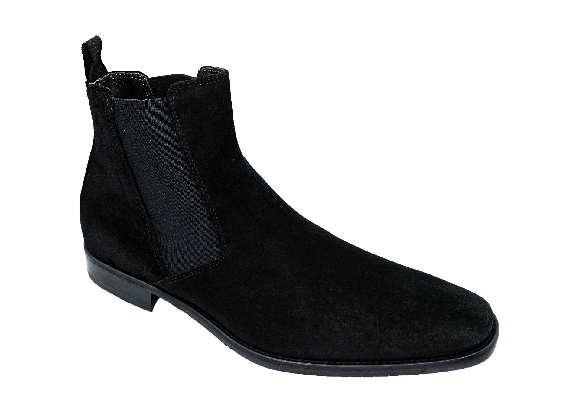 The GIOVACCHINI Milano Black Suede Chelsea Boot, crafted in Italy, showcases an elastic side panel and a low heel against a stark white background.