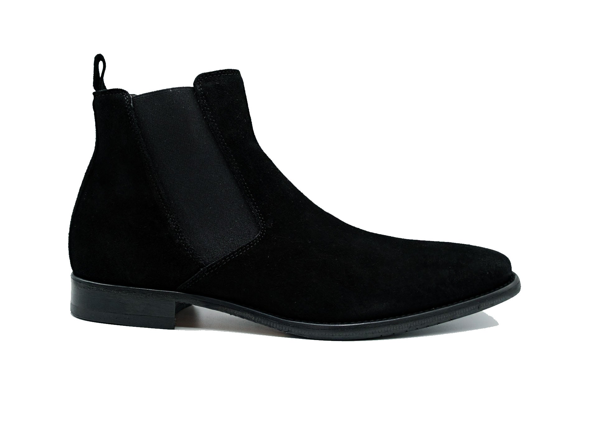 The GIOVACCHINI Milano Black Suede Chelsea Boot, crafted in Italy, showcases an elastic side panel and a low heel against a stark white background.