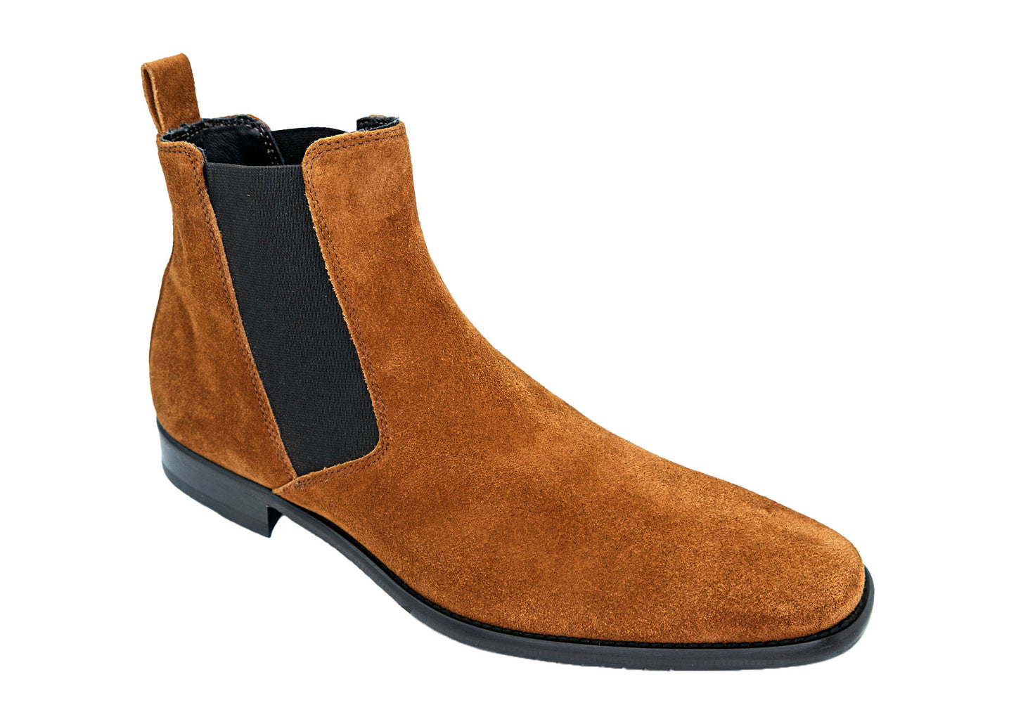 GIOVACCHINI Milano Cognac Suede Chelsea Boot featuring a black elastic side panel and a low black heel, made in Italy, viewed from the side.