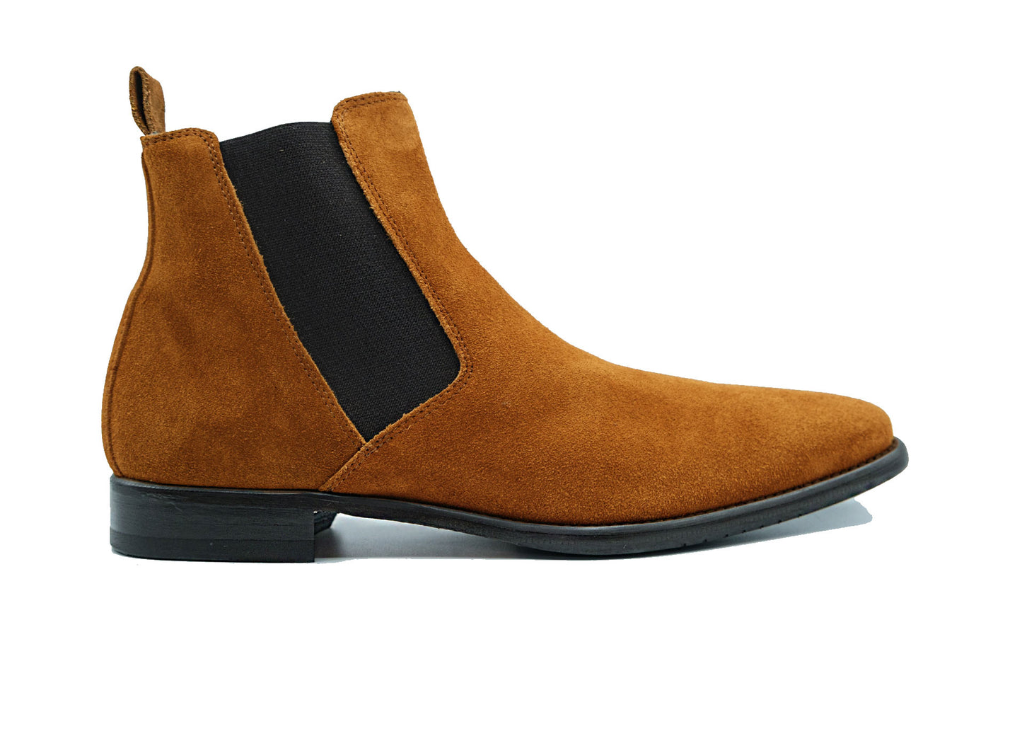 GIOVACCHINI Milano Cognac Suede Chelsea Boot featuring a black elastic side panel and a low black heel, made in Italy, viewed from the side.