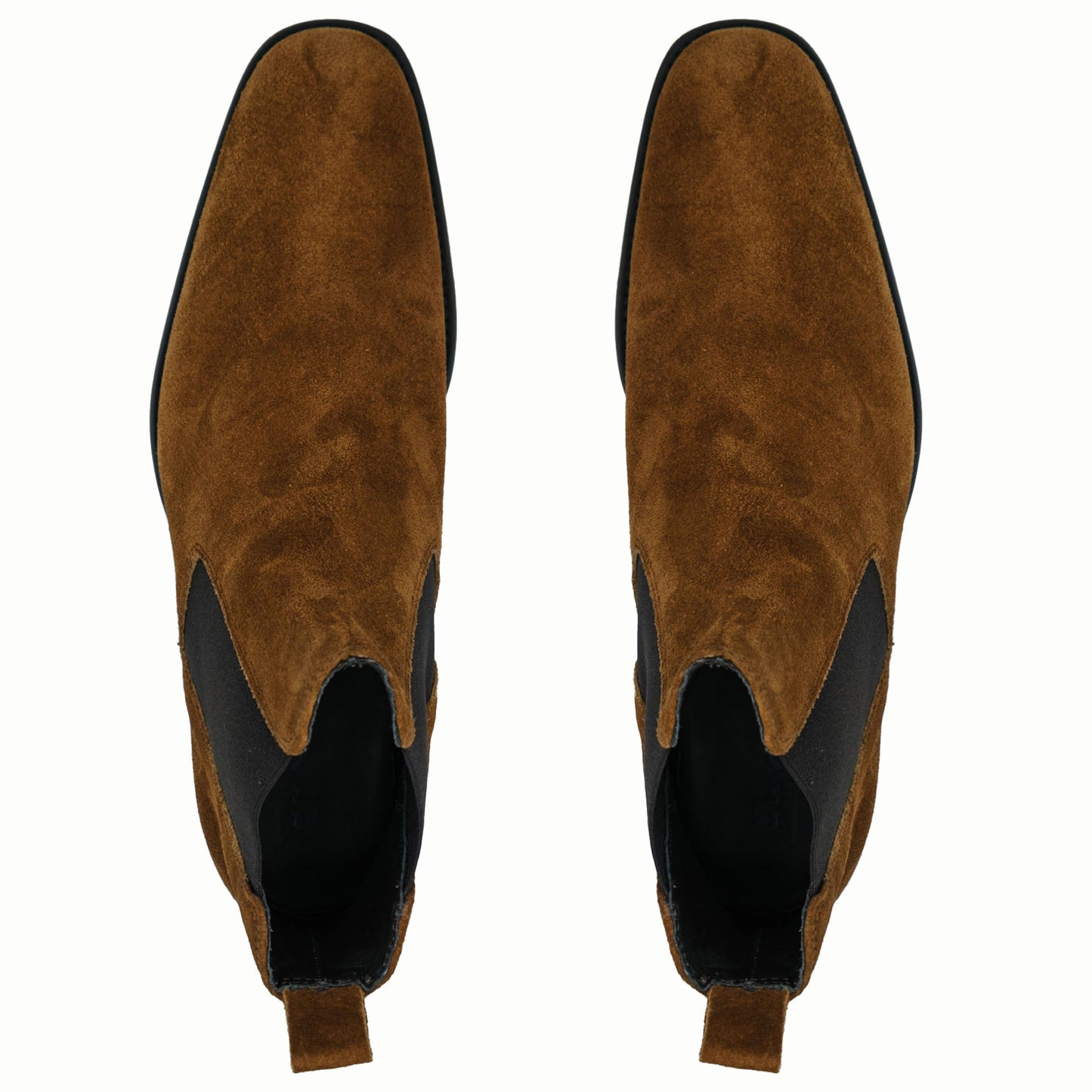 GIOVACCHINI Milano Cognac Suede Chelsea Boot featuring a black elastic side panel and a low black heel, made in Italy, viewed from the side.