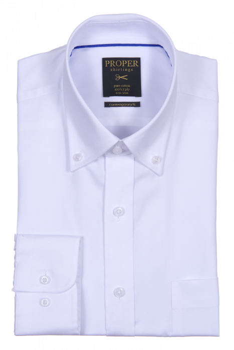 PROPER SHIRTINGS WHITE CONTEMPORARY FIT REGULAR CUFF N100CC0R-WHT is a white button-up dress shirt from Proper Shirtings. It features a folded collar and is crafted from non-iron cotton, providing a contemporary fit for effortless style and comfort.