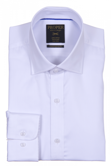 Folded dress shirt by Proper Shirtings, designed for a contemporary fit with a collar and regular buttoned cuffs. Made from non-iron cotton, the label reads "PROPER SHIRTINGS WHITE CONTEMPORARY FIT REGULAR CUFF N720ET0R-WHT", detailing style and size information.