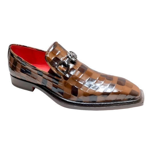 Emilio Franco Couture's "Narciso" Chocolate Combo Shoes feature a brown and black checkered leather design with a red interior and a stylish decorative metal buckle, meticulously crafted in Italy.