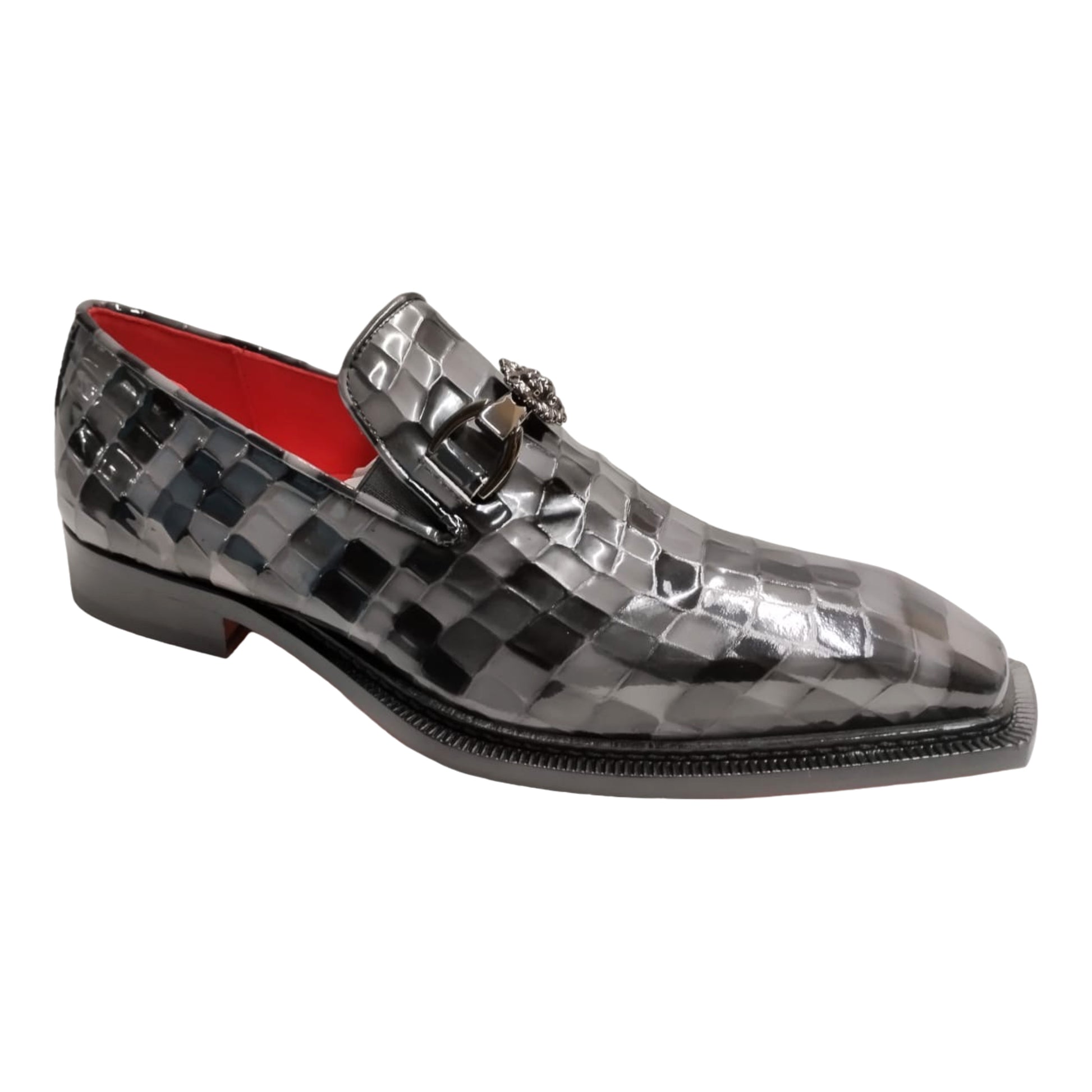 A glossy dress shoe from Emilio Franco Couture's "Narciso" collection, featuring a decorative buckle and striking red inner lining, made with meticulous craftsmanship in Italy for a timeless elegance.