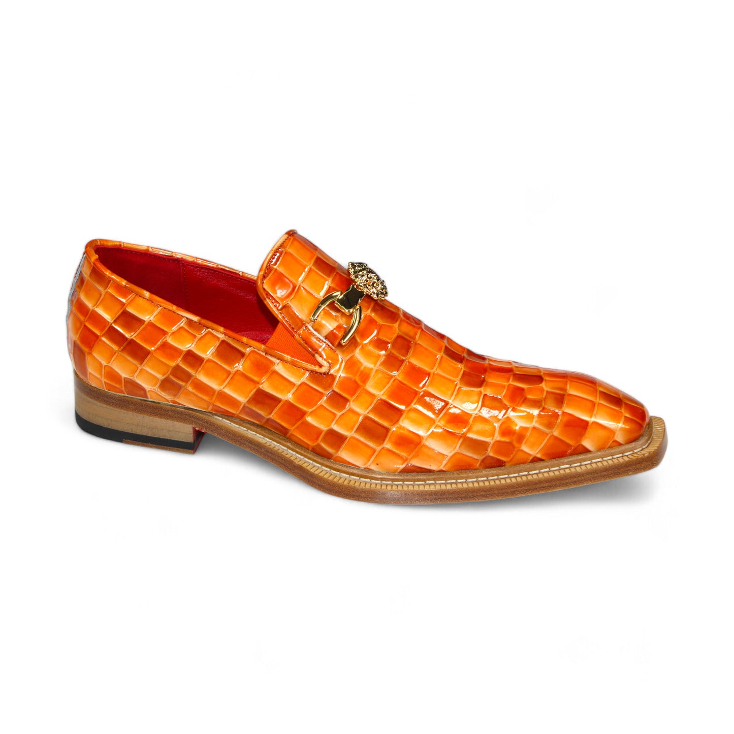 Introducing the Emilio Franco Couture "Narciso" Orange Combo Shoes, designed with a luxurious orange crocodile pattern in premium Italian patent leather, adorned with a gold buckle and the signature decorative emblem from Emilio Franco Couture.