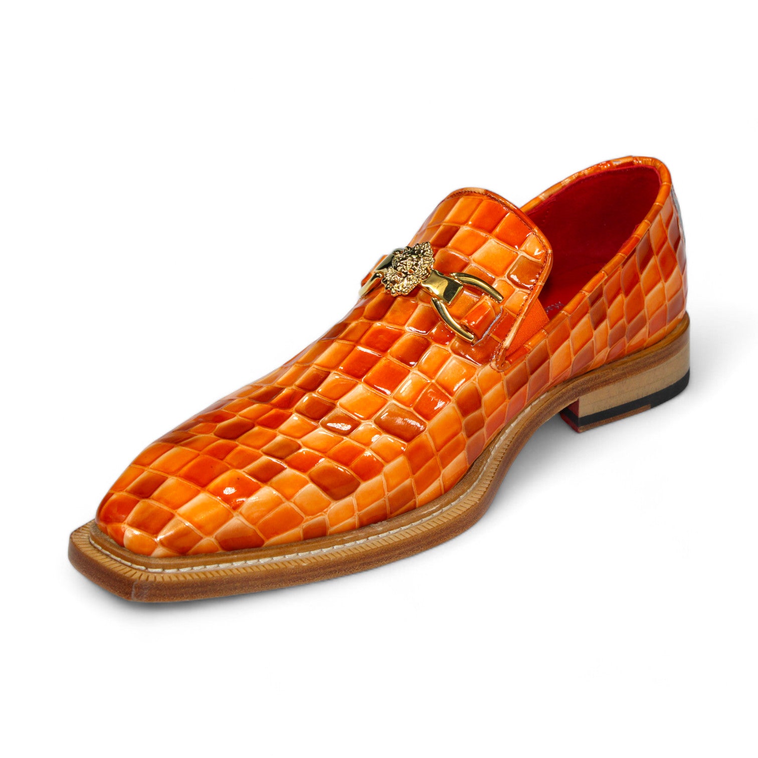 Introducing the Emilio Franco Couture "Narciso" Orange Combo Shoes, designed with a luxurious orange crocodile pattern in premium Italian patent leather, adorned with a gold buckle and the signature decorative emblem from Emilio Franco Couture.