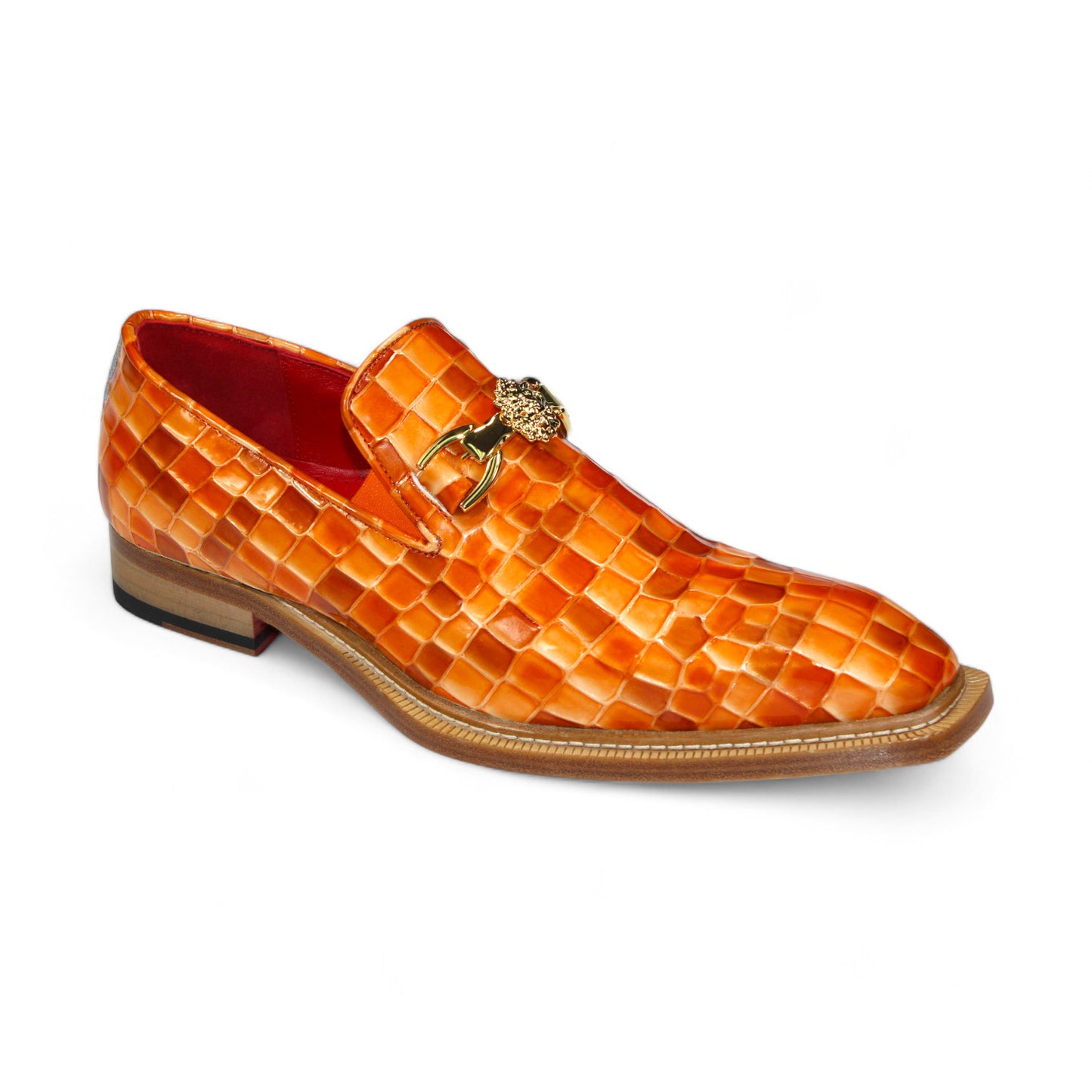 Introducing the Emilio Franco Couture "Narciso" Orange Combo Shoes, designed with a luxurious orange crocodile pattern in premium Italian patent leather, adorned with a gold buckle and the signature decorative emblem from Emilio Franco Couture.