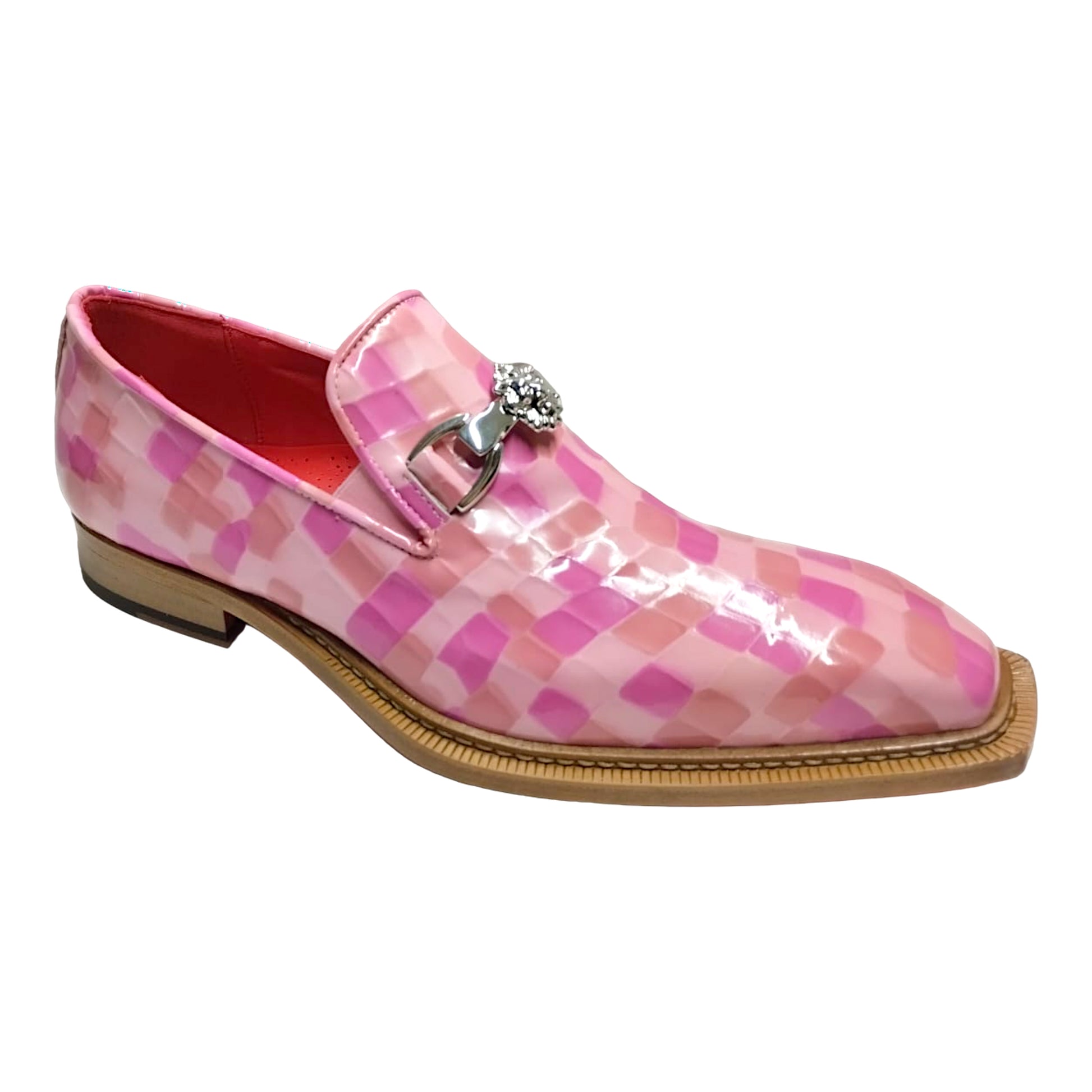 Emilio Franco Couture "Narciso" Pink Combo Shoes feature a pink and purple checkered design with a silver buckle, complemented by a wooden sole and enhanced with a touch of Multi Print for added flair.