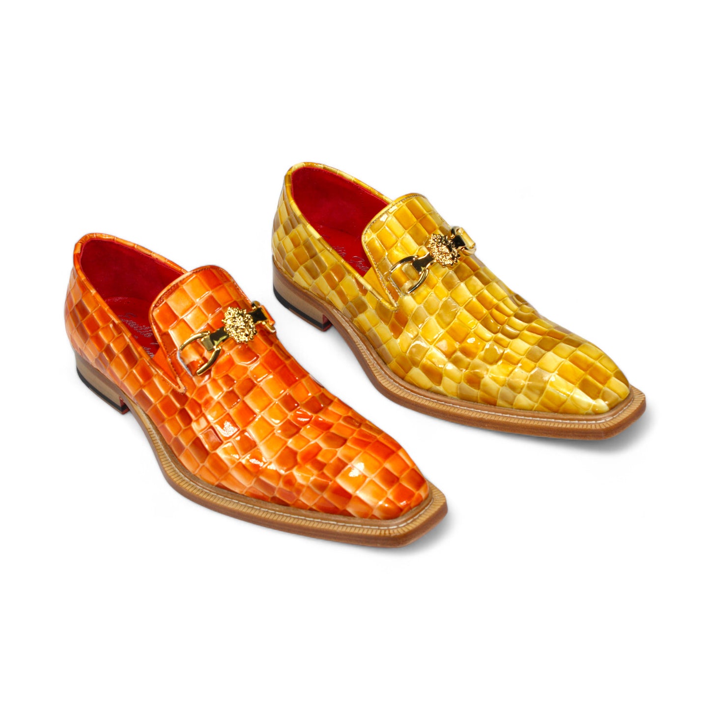 Introducing the Emilio Franco Couture "Narciso" Orange Combo Shoes, designed with a luxurious orange crocodile pattern in premium Italian patent leather, adorned with a gold buckle and the signature decorative emblem from Emilio Franco Couture.