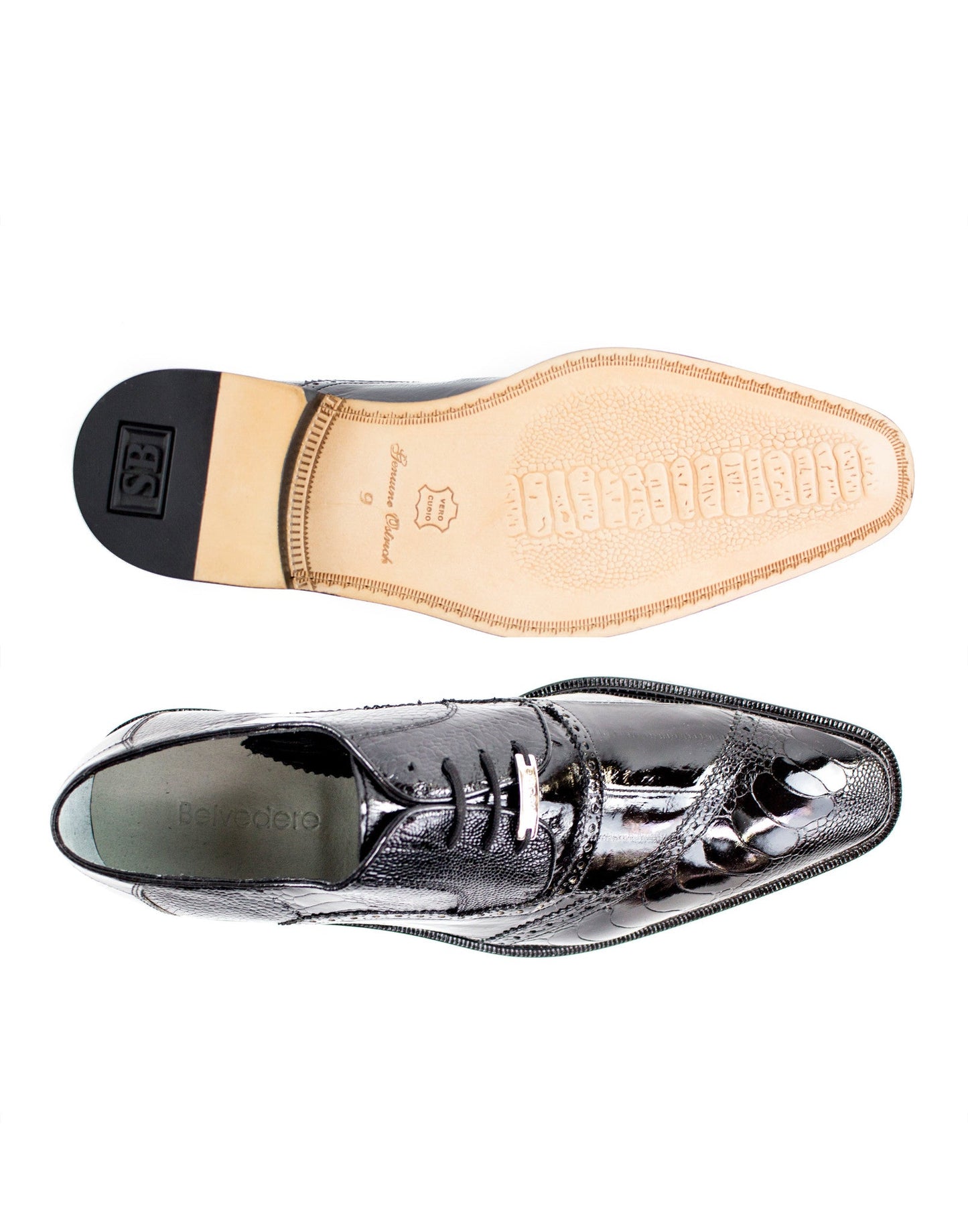 Introducing the Belvedere - Nino, a genuine ostrich leg and eel dress shoe in classic black by BELVEDERE. This elegant shoe features a lace-up design and decorative stitching, highlighted by textured details inspired by ostrich leg patterns. Experience the luxurious comfort of its leather lining set against a white background.