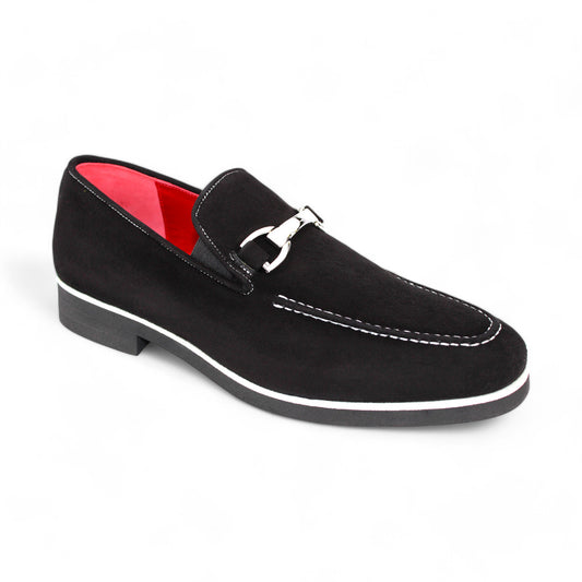 The Emilio Franco "Nino II" Black Loafer features elegant black suede with a silver buckle, white stitching, and a striking red interior. These loafers are crafted with precision and proudly made in Italy, displayed against a pristine white background.