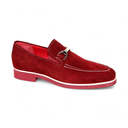 The Emilio Franco "Nino II" burgundy loafer, skillfully crafted in Italy, features a silver buckle and white stitching, enhanced by a bold red sole.