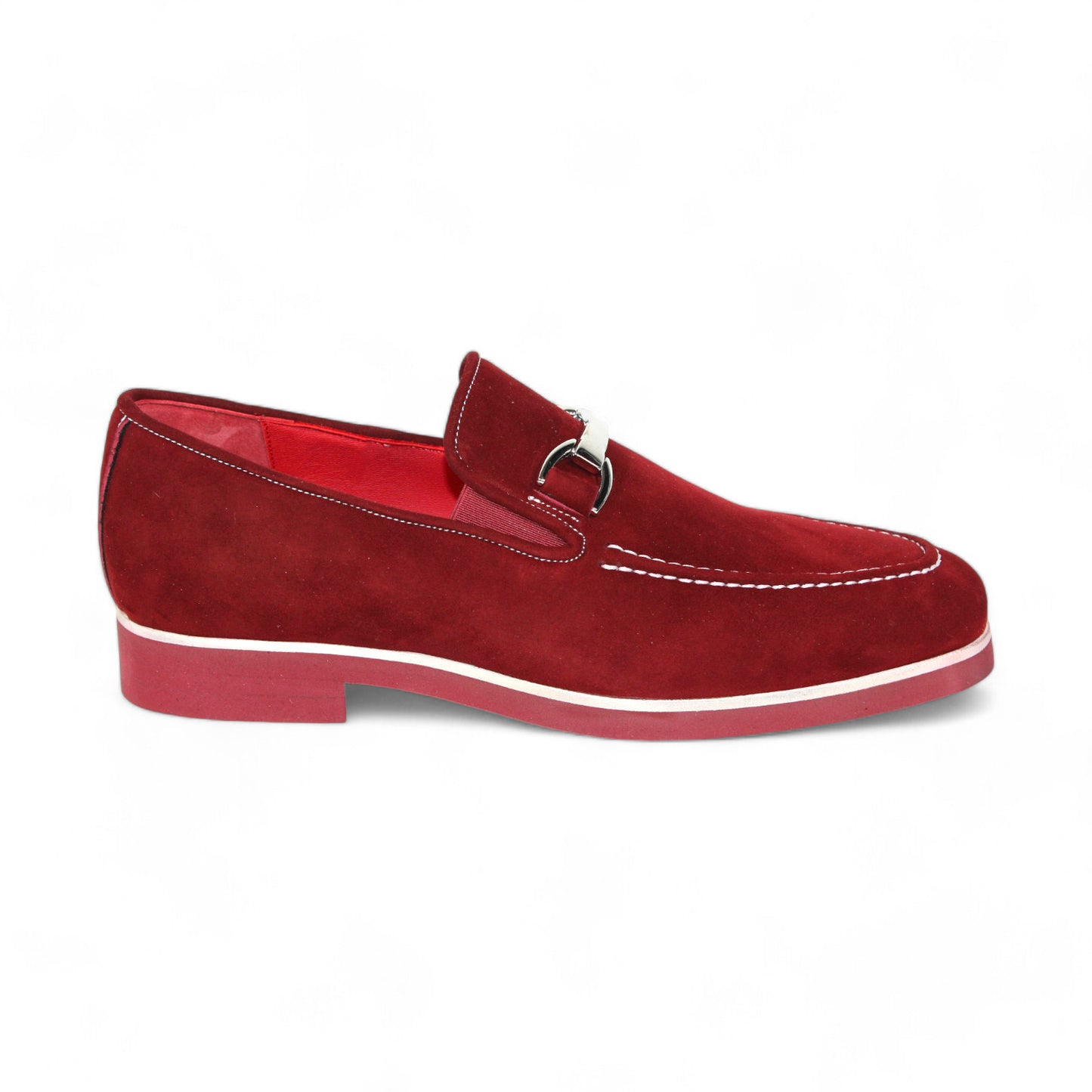 The Emilio Franco "Nino II" burgundy loafer, skillfully crafted in Italy, features a silver buckle and white stitching, enhanced by a bold red sole.