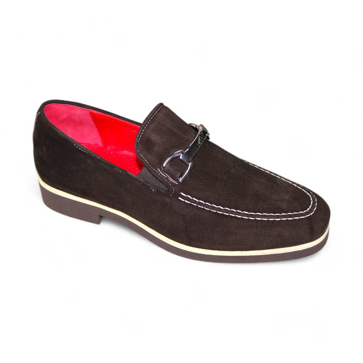 The Emilio Franco "Nino II" Chocolate Loafer, crafted in Italy, showcases white stitching, a silver buckle detail, and a vibrant red interior lining for a stylish touch.