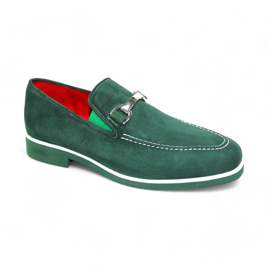 The Emilio Franco "Nino II" Green Loafer, expertly crafted in Italy, showcases a silver buckle, white stitching, and a bold red interior.