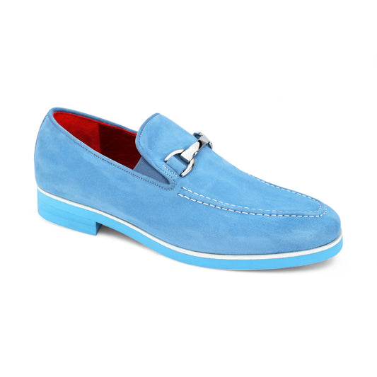 The Emilio Franco "Nino II" light blue loafer, crafted in Italy, features a stylish silver buckle, a light blue sole, and is accented with a vibrant red interior lining.