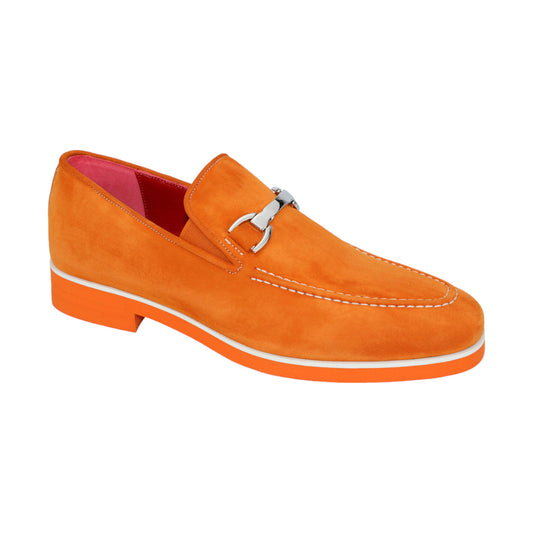 The Emilio Franco "Nino II" Orange Loafer is a sophisticated shoe crafted with precision, featuring a metallic buckle and white stitching, along with a matching orange sole. This superior quality footwear exemplifies the excellence of Italian craftsmanship.