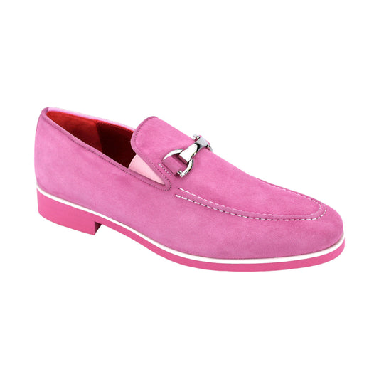 The Emilio Franco "Nino II" Pink Loafer features a metal buckle detail and white stitching, crafted in Italy for an extra touch of elegance.