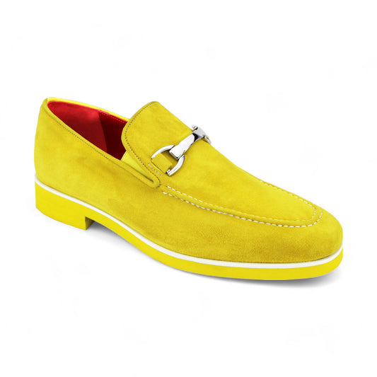 The Emilio Franco "Nino II" Yellow Loafer, expertly crafted in Italy, showcases a sleek silver buckle accent on a pristine white background.