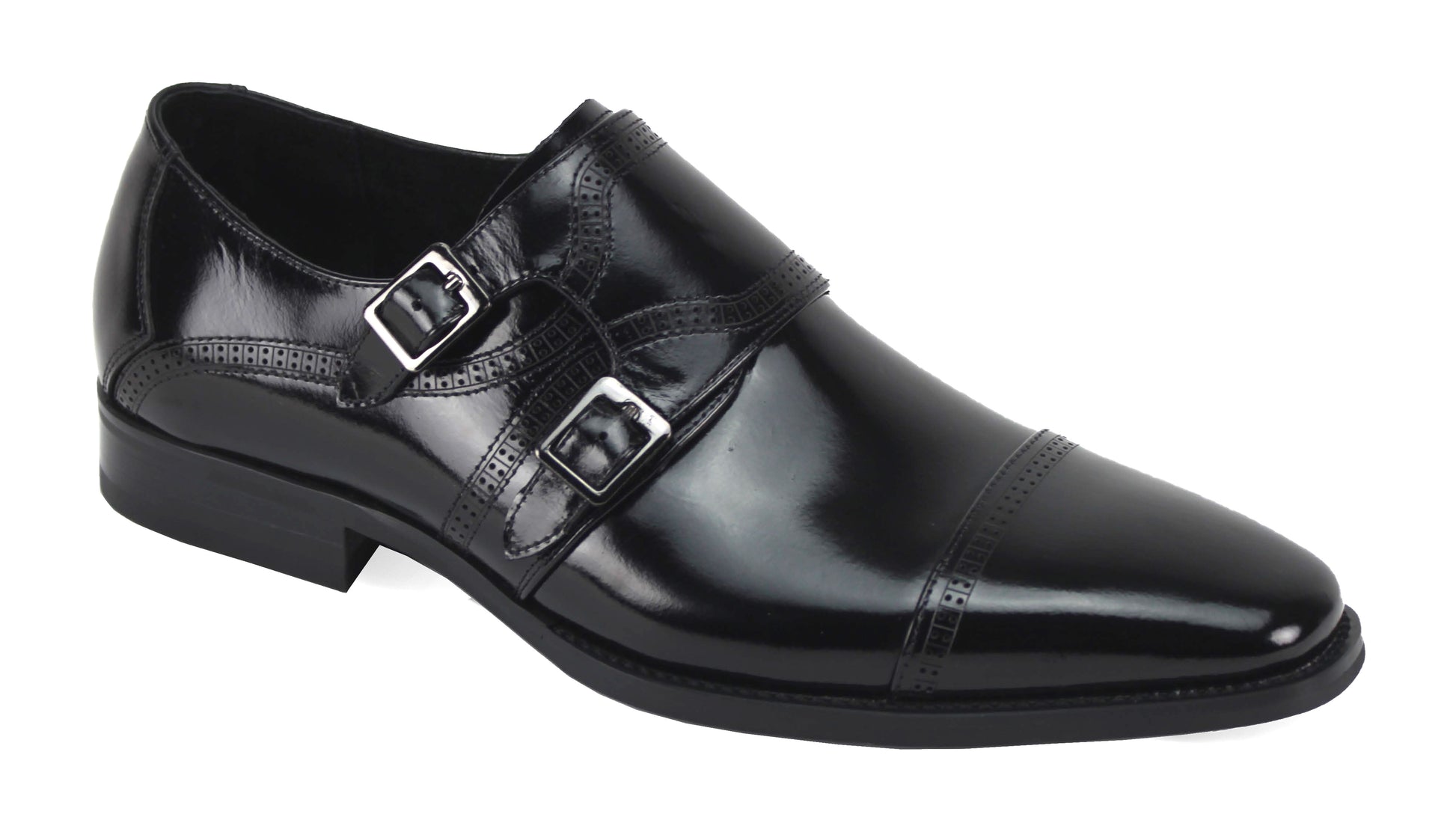 The Giovanni Noel Black Leather Shoes from GIOVANNI are polished black leather dress shoes with a cap toe and double monk straps, featuring decorative stitching and a low heel.