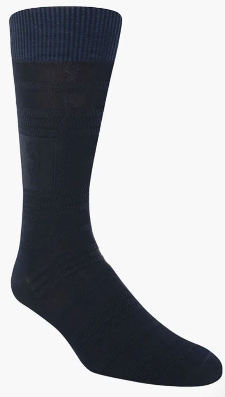 A Stacy Adams Tonal Plaid Navy Dress Sock by ORIGINS is showcased against a plain background, designed for men in sizes 8-13 and featuring a ribbed cuff.