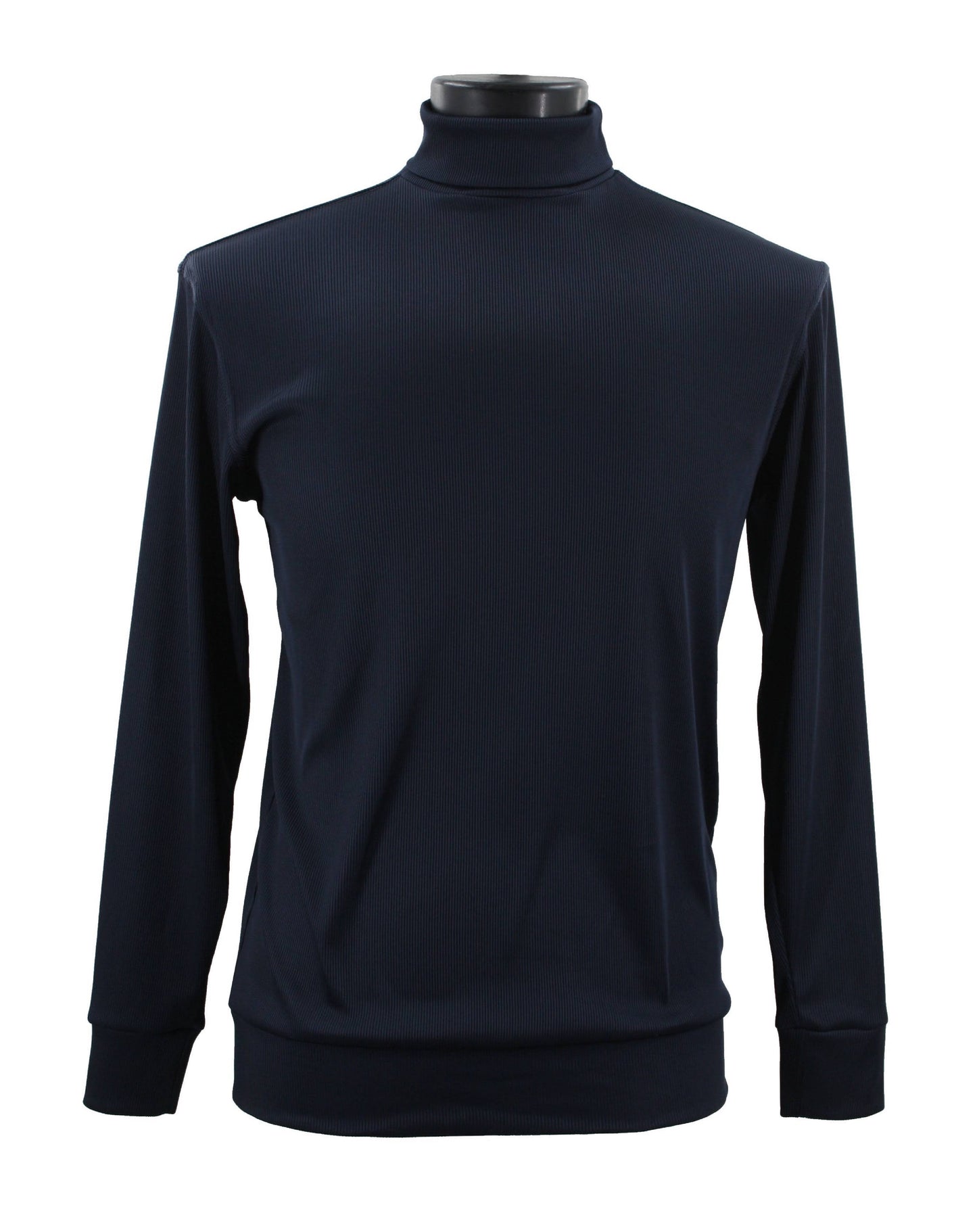 A navy turtleneck long-sleeve shirt by Bassiri, designed with a modern fit in soft microfiber, elegantly displayed on a mannequin.