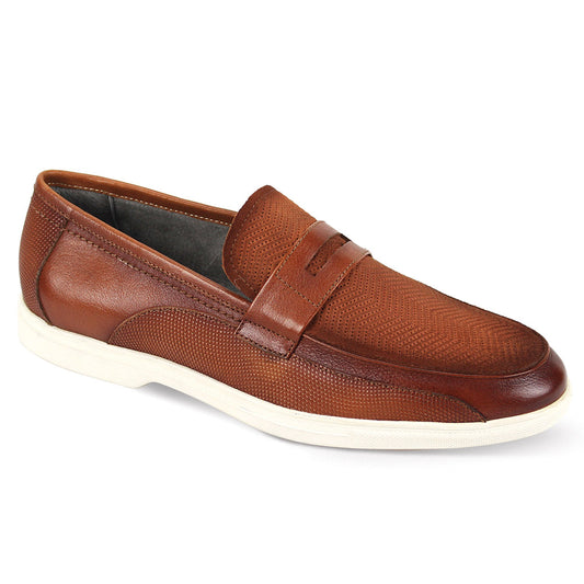 Giovanni Niles Tan Leather Shoes by GIOVANNI feature a textured Moc Toe design, white sole, and slip-on style, making them perfect for a casual look.