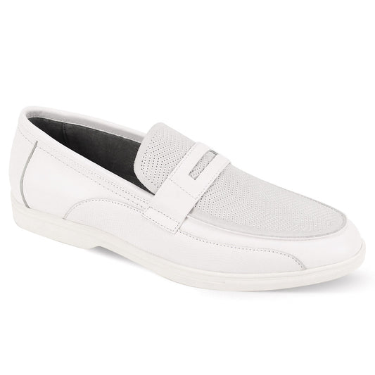 The Giovanni Niles White Leather Shoes by GIOVANNI are casual slip-ons with a perforated top and smooth sides, featuring a low heel and a simple moc toe design.