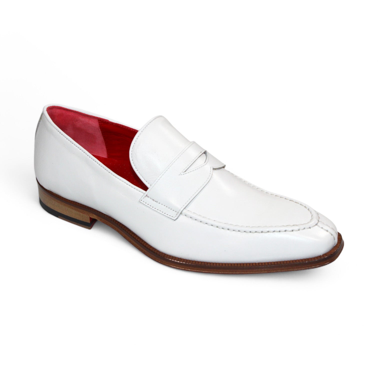 The Emilio Franco "Oliviero" White Shoe is a meticulously crafted single leather loafer, featuring a vibrant red interior and embodying both precision and flair. With its low wooden heel and rounded toe, this exquisite piece made in Italy represents elegance and impeccable artistry.