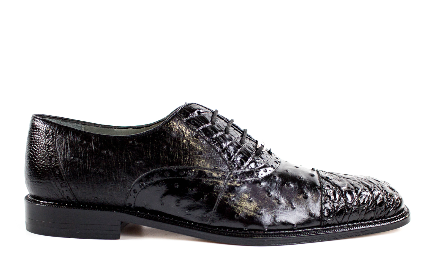 The Belvedere Onesto II dress shoe showcases a blend of genuine ostrich and crocodile leather in black, with a textured finish and lace-up design. This luxurious piece from BELVEDERE features a sumptuous leather lining and is elegantly depicted from the side.