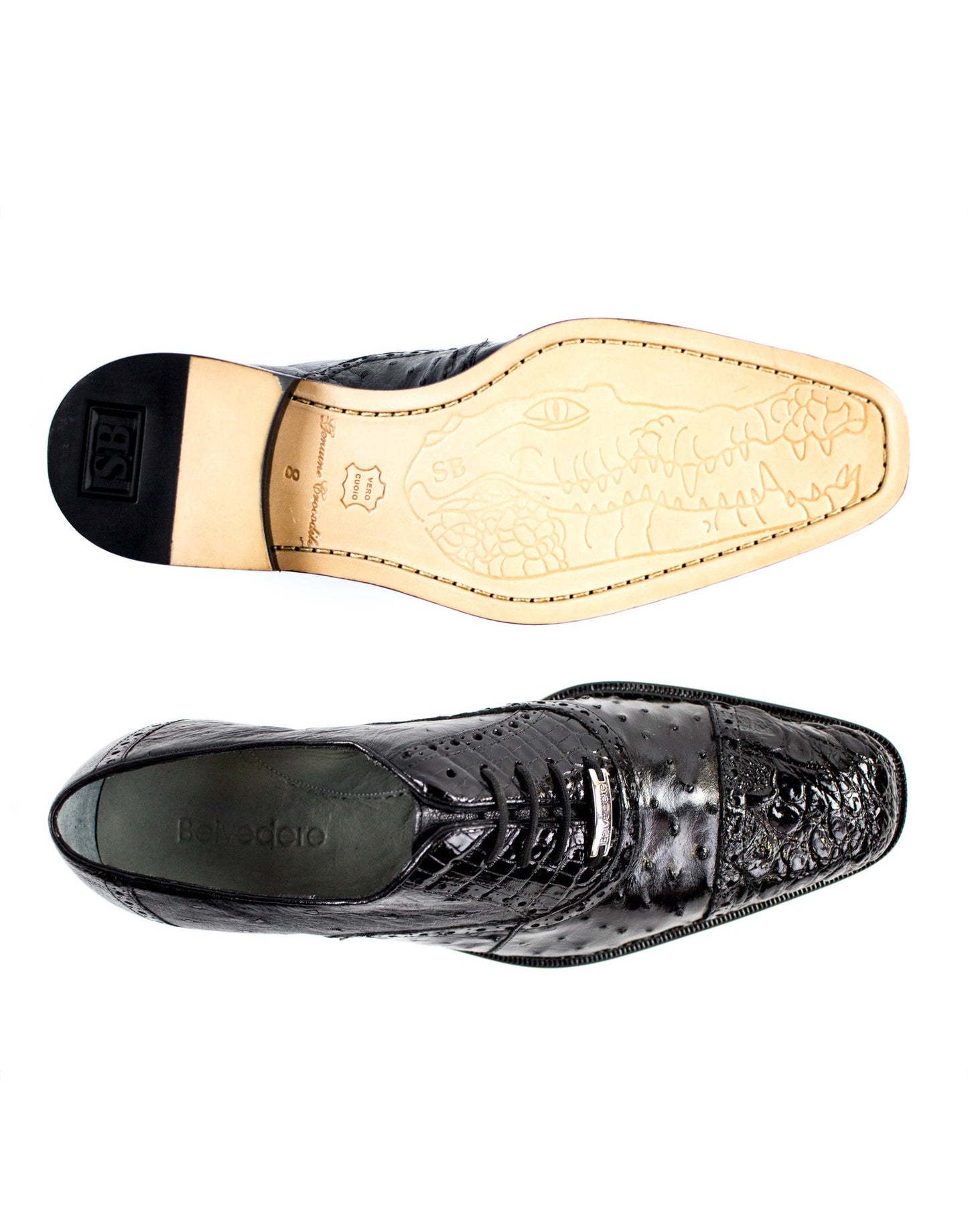 The Belvedere Onesto II dress shoe showcases a blend of genuine ostrich and crocodile leather in black, with a textured finish and lace-up design. This luxurious piece from BELVEDERE features a sumptuous leather lining and is elegantly depicted from the side.