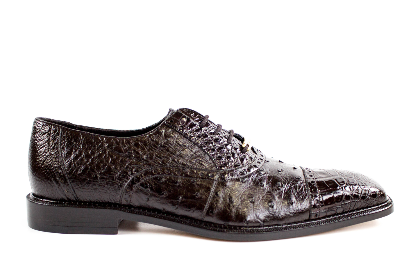 The Belvedere - Onesto II dress shoe, crafted from genuine ostrich and crocodile leather in dark brown, showcases a sophisticated textured pattern with sleek laces and is displayed from the side on a plain white background.