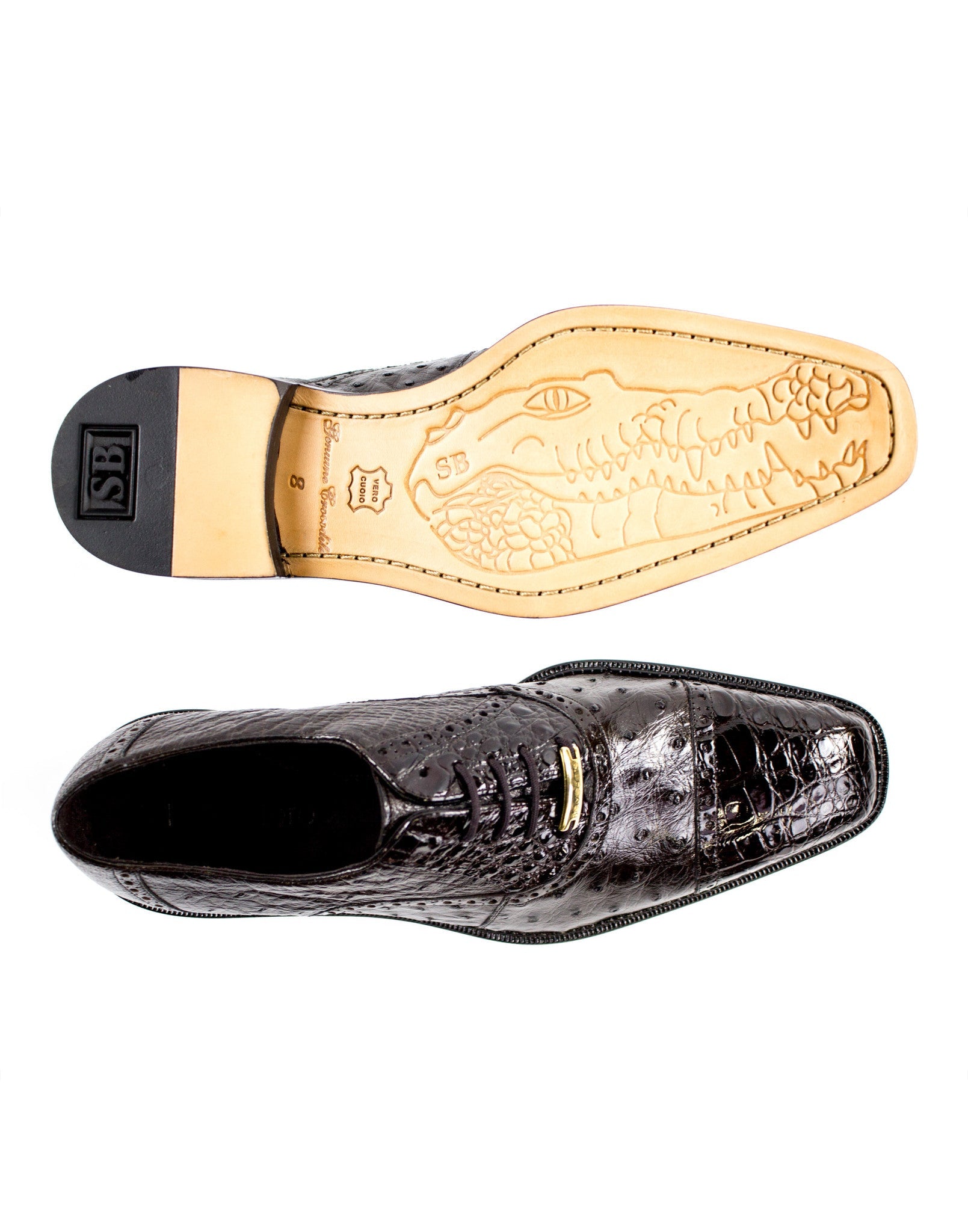 The Belvedere - Onesto II dress shoe, crafted from genuine ostrich and crocodile leather in dark brown, showcases a sophisticated textured pattern with sleek laces and is displayed from the side on a plain white background.