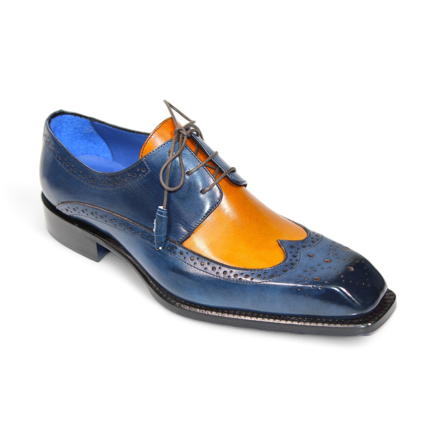 Introducing the Emilio Franco "Orlando" Navy/Gold Shoes, a stylish dress shoe by Emilio Franco crafted from fine leather. This exquisite pair features brogue detailing with grey laces, complemented by a black sole that exhibits remarkable Italian craftsmanship.