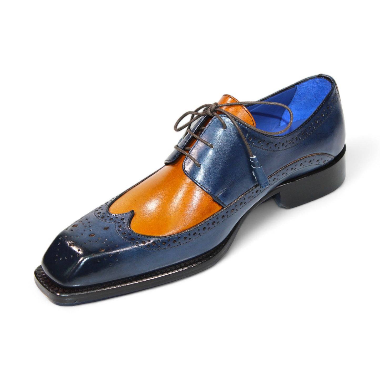 Introducing the Emilio Franco "Orlando" Navy/Gold Shoes, a stylish dress shoe by Emilio Franco crafted from fine leather. This exquisite pair features brogue detailing with grey laces, complemented by a black sole that exhibits remarkable Italian craftsmanship.