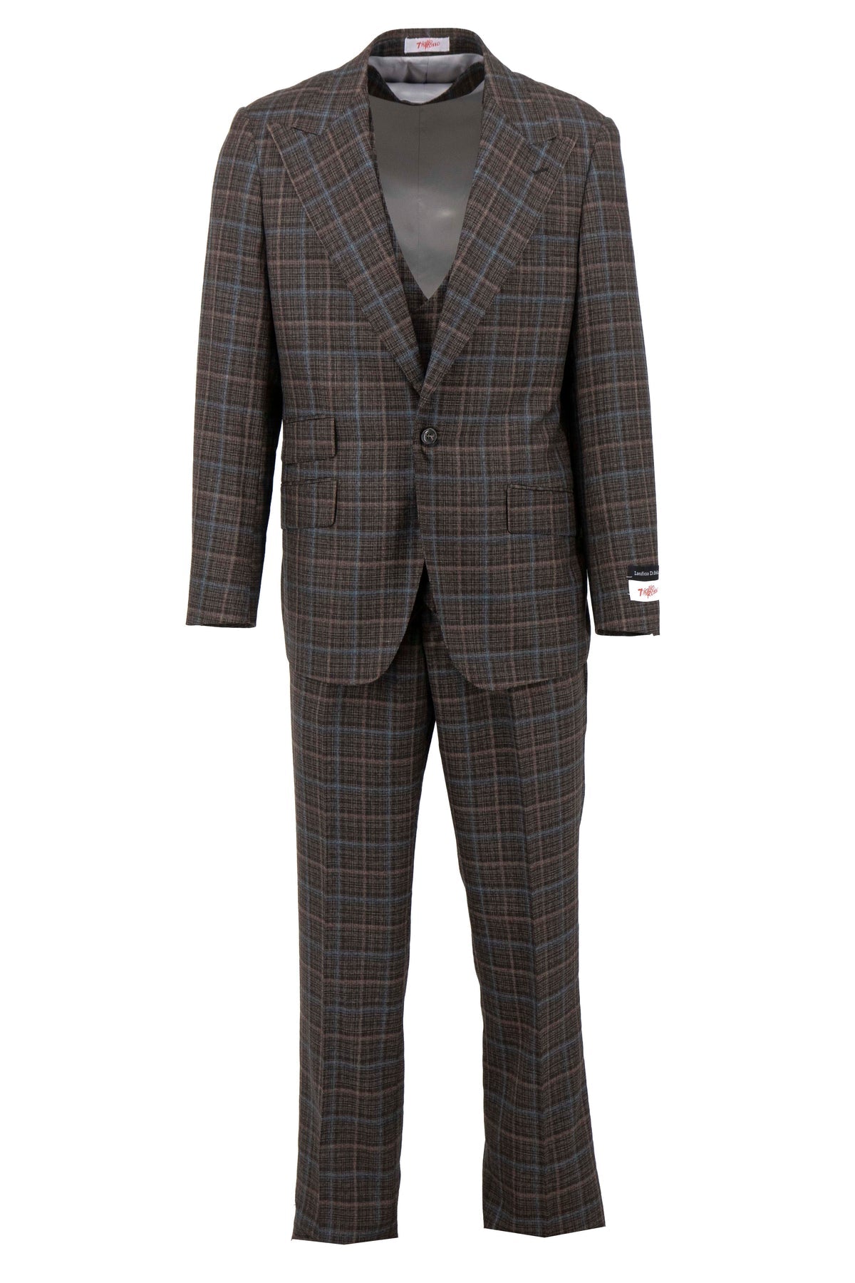 The Tiglio Rosso Orvietto brown and aqua windowpane suit, style TL7509, crafted from 100% wool with a single-breasted blazer and semi wide-leg trousers, is displayed on a white background.