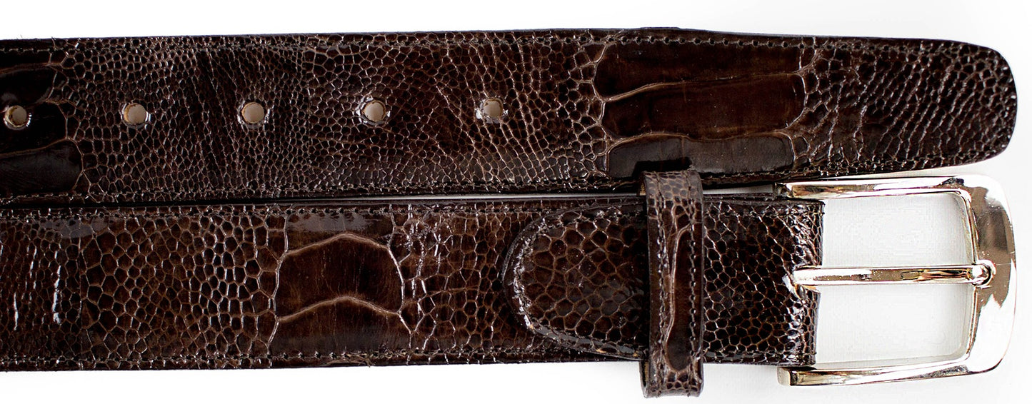 The Belvedere Ostrich Leg Belt, by BELVEDERE, is a brown textured leather accessory with a silver buckle, expertly crafted from genuine ostrich and designed with multiple holes for optimal adjustability.