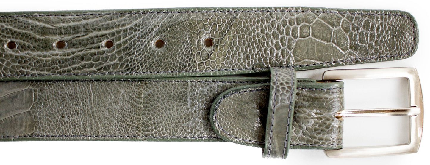 The Belvedere Ostrich Leg Belt, by BELVEDERE, is a brown textured leather accessory with a silver buckle, expertly crafted from genuine ostrich and designed with multiple holes for optimal adjustability.