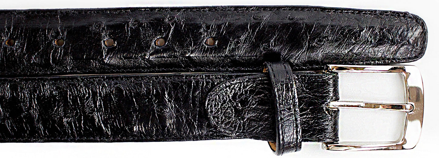 Close-up of a black Belvedere Ostrich Quill Belt with a silver buckle, similar to the Belvedere Style 2001. The belt features multiple holes for easy adjustment, ensuring a perfect adjustable fit.