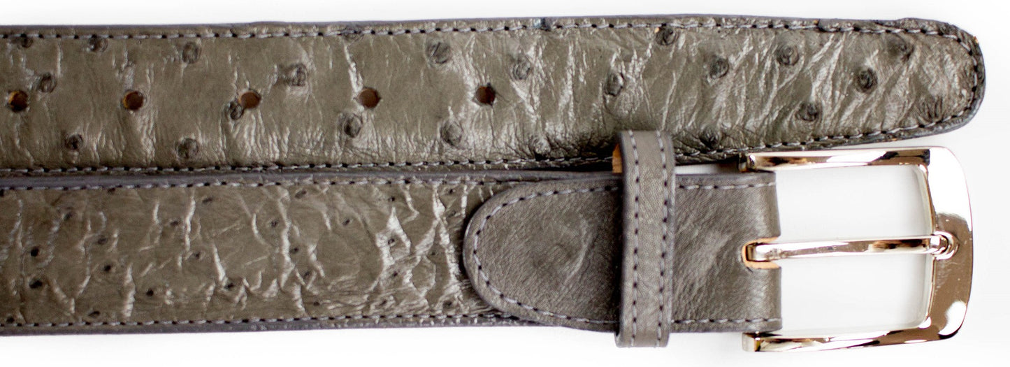 Close-up of a black Belvedere Ostrich Quill Belt with a silver buckle, similar to the Belvedere Style 2001. The belt features multiple holes for easy adjustment, ensuring a perfect adjustable fit.