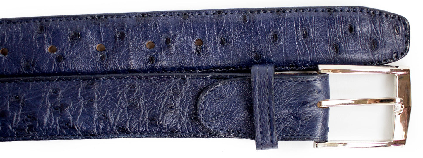 Close-up of a black Belvedere Ostrich Quill Belt with a silver buckle, similar to the Belvedere Style 2001. The belt features multiple holes for easy adjustment, ensuring a perfect adjustable fit.