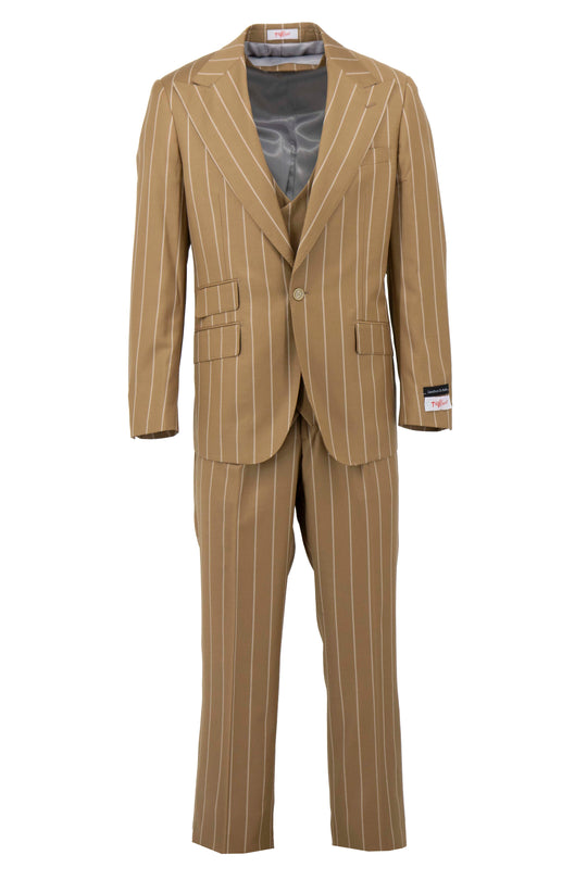 The Tiglio Rosso Orvietto Camel Pinstripe Semi Wide Leg TL5064 is a classic ensemble featuring a 100% wool tan pinstripe jacket with lapels, two buttons, and matching trousers that embody the timeless style of Tiglio Rosso.